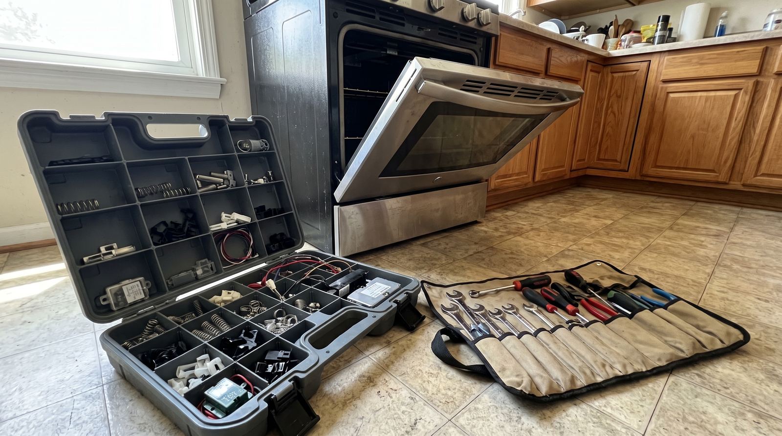 An open technician parts case and tool roll on a kitchen floor in front of an open oven