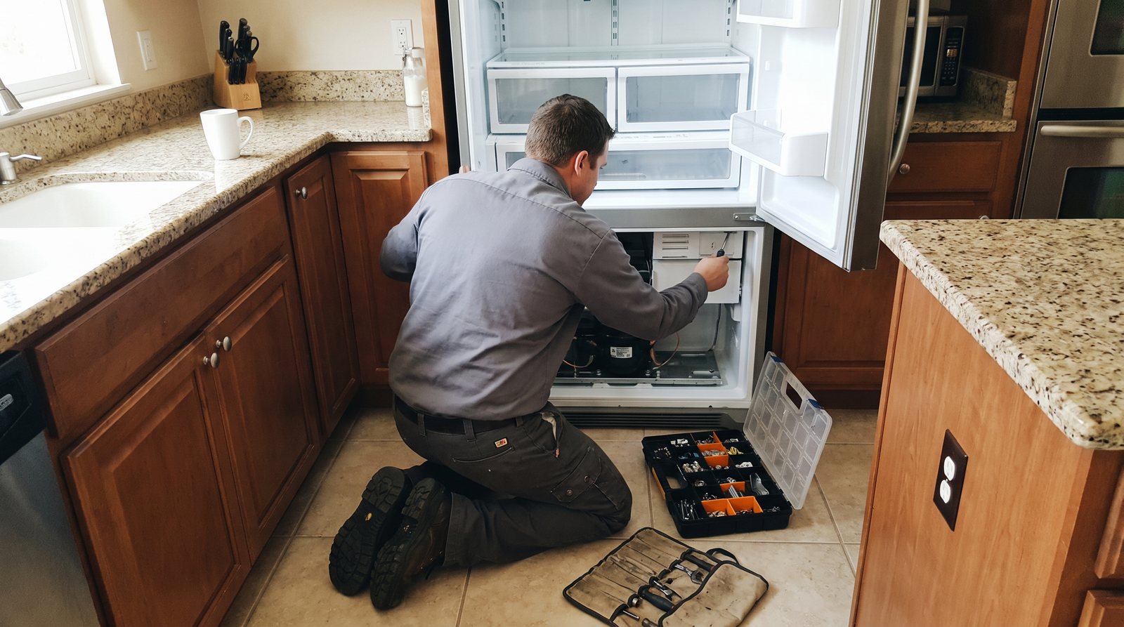 A uniformed technician working at an open refrigerator in a home kitchen